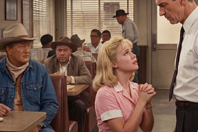 A Teenage Waitress Begged Her Boss Not to Cut Hours in 1960,John Wayne Made the Whole Diner Quiet. D